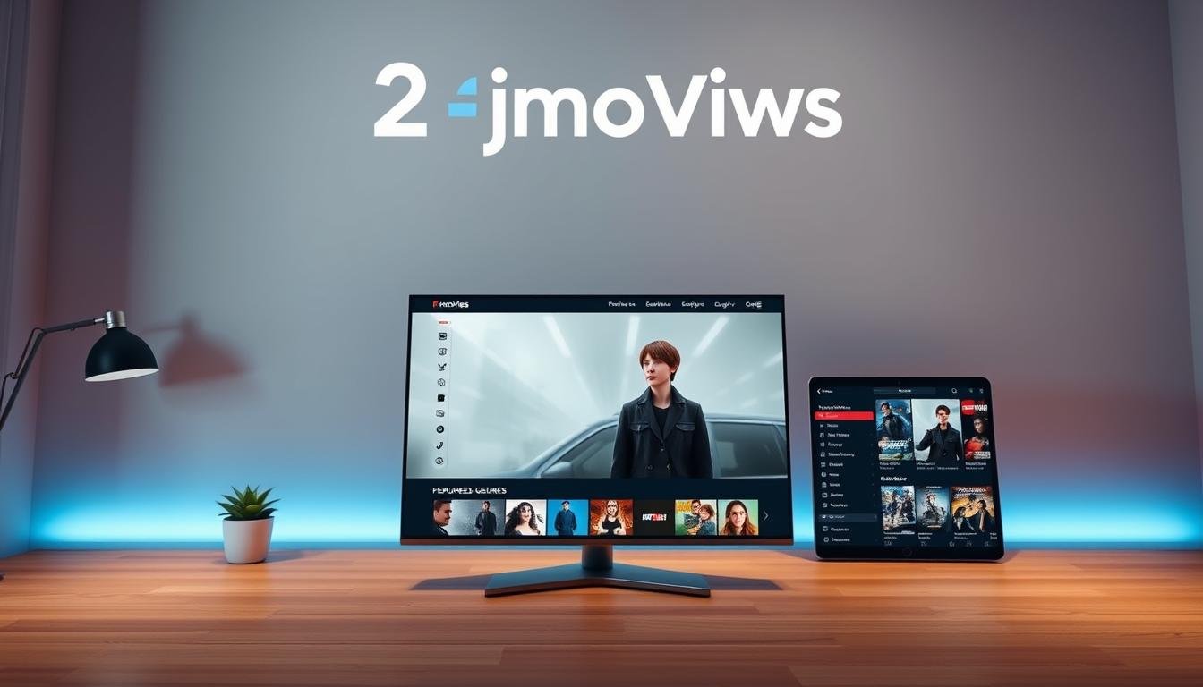A modern, sleek user interface of the 2 fmovies streaming platform. The foreground displays the landing page with featured titles, genres, and navigation options. The middle ground showcases the video player and responsive layout, optimized for various devices. The background features the Ejade News branding, with a clean, minimalist design aesthetic. Soft lighting illuminates the interface, creating a warm and inviting atmosphere. The overall impression is of a cutting-edge, user-friendly streaming experience.