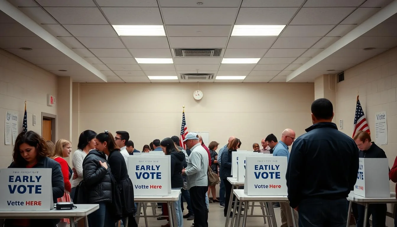 Person casting ballot at an early voting NYC location with 'Vote Here' signs visible