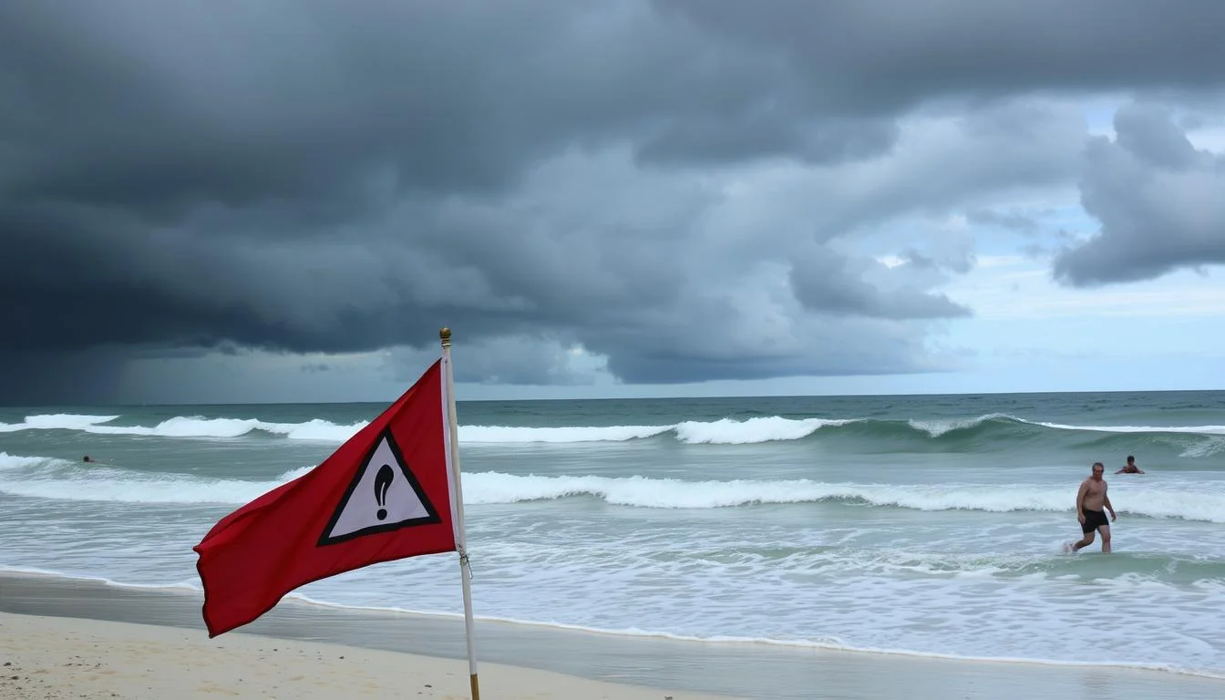 Tropical storm warning flag on beach with dark clouds approaching