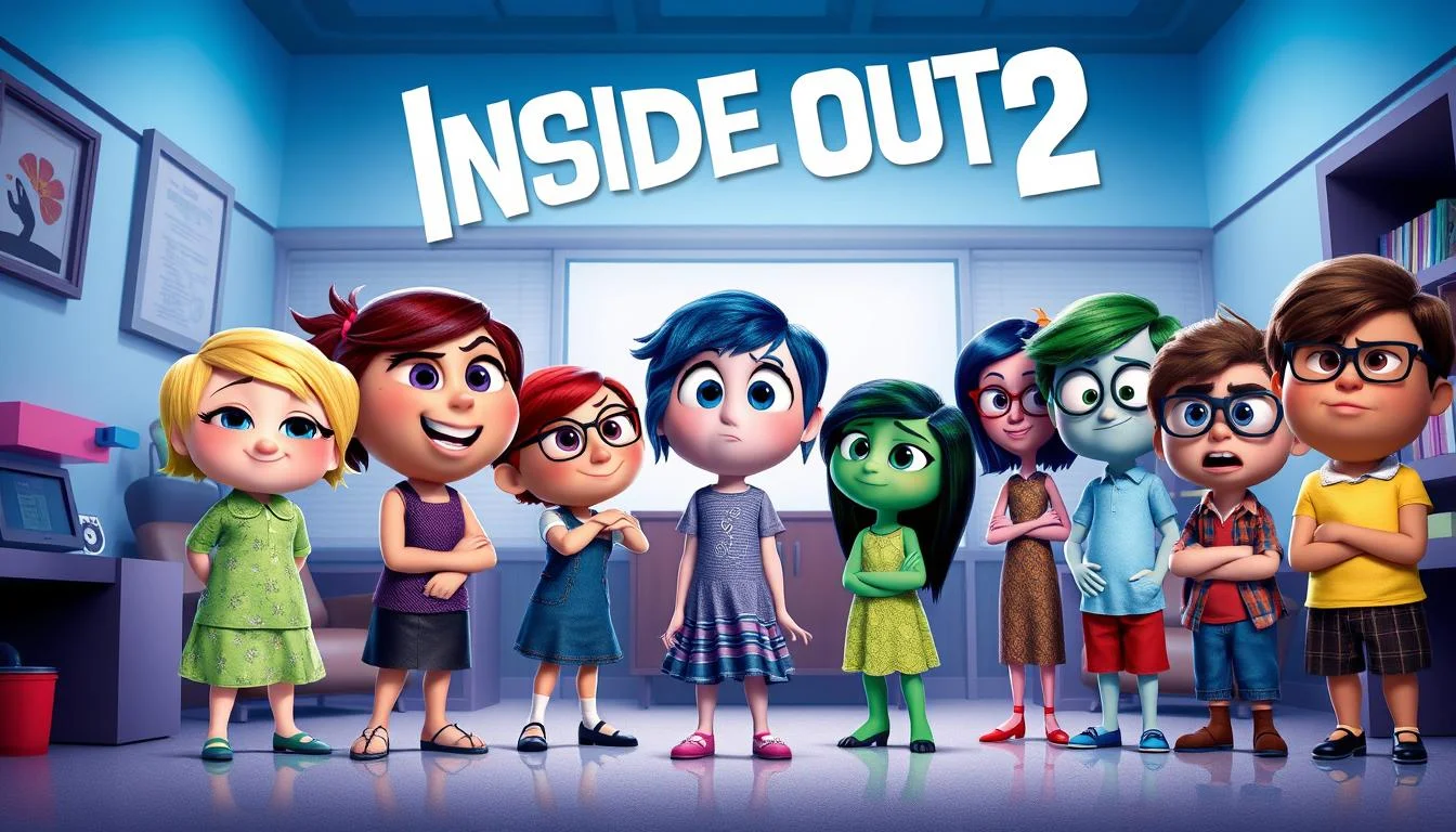 Inside Out 2 movie poster featuring Joy, Sadness, Anger, Fear, Disgust, and the new emotions including Anxiety