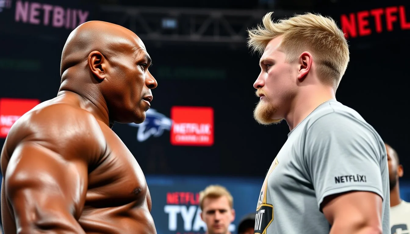 Mike Tyson and Jake Paul facing off at the weigh-in before their Mike Tyson vs Jake Paul fight