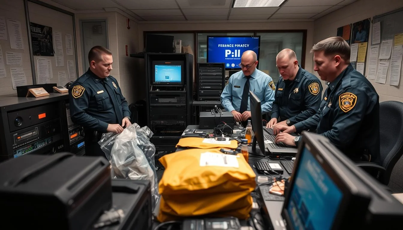 Police officers conducting movie piracy ring takedown operation with computer equipment seized
