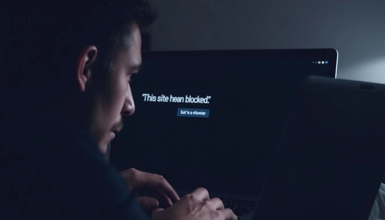 Person looking frustrated at computer screen showing site blocked message for FMovies