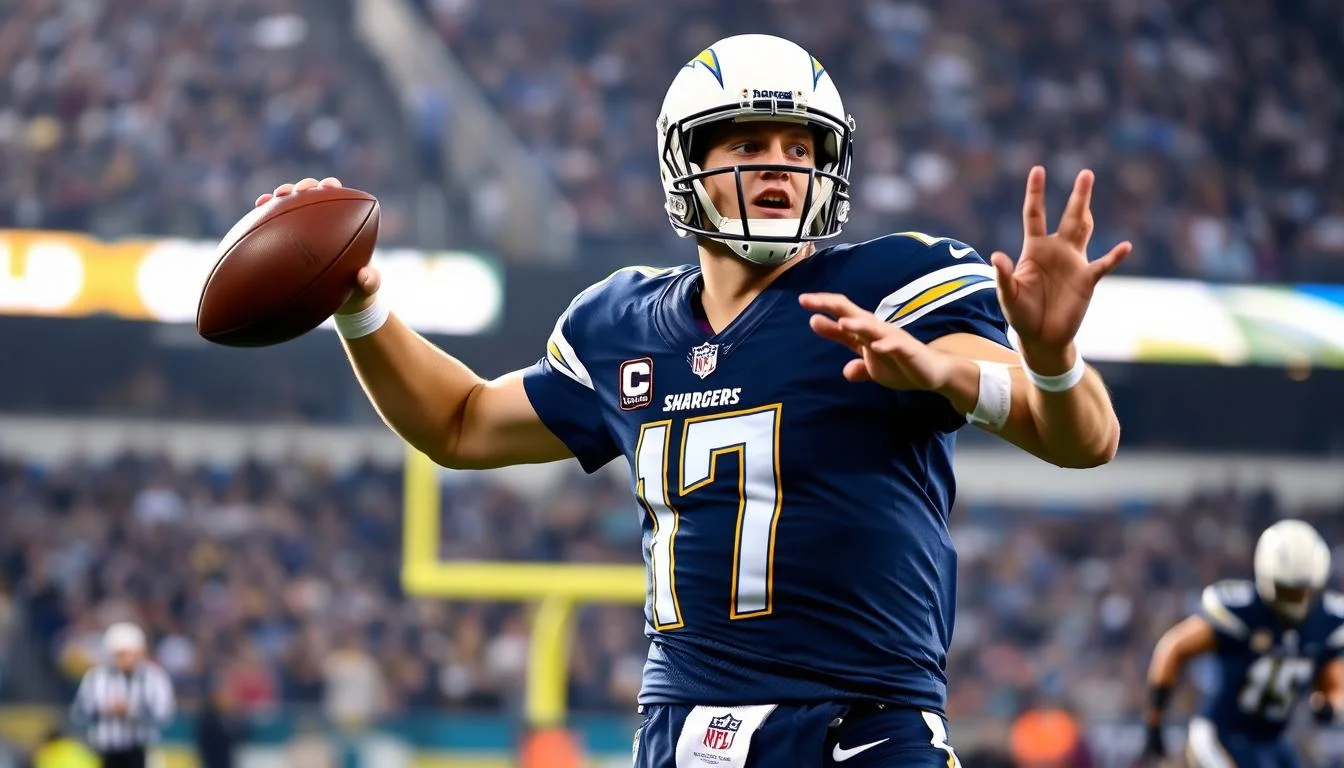 Philip Rivers in his San Diego Chargers uniform throwing a football with his distinctive sidearm motion
