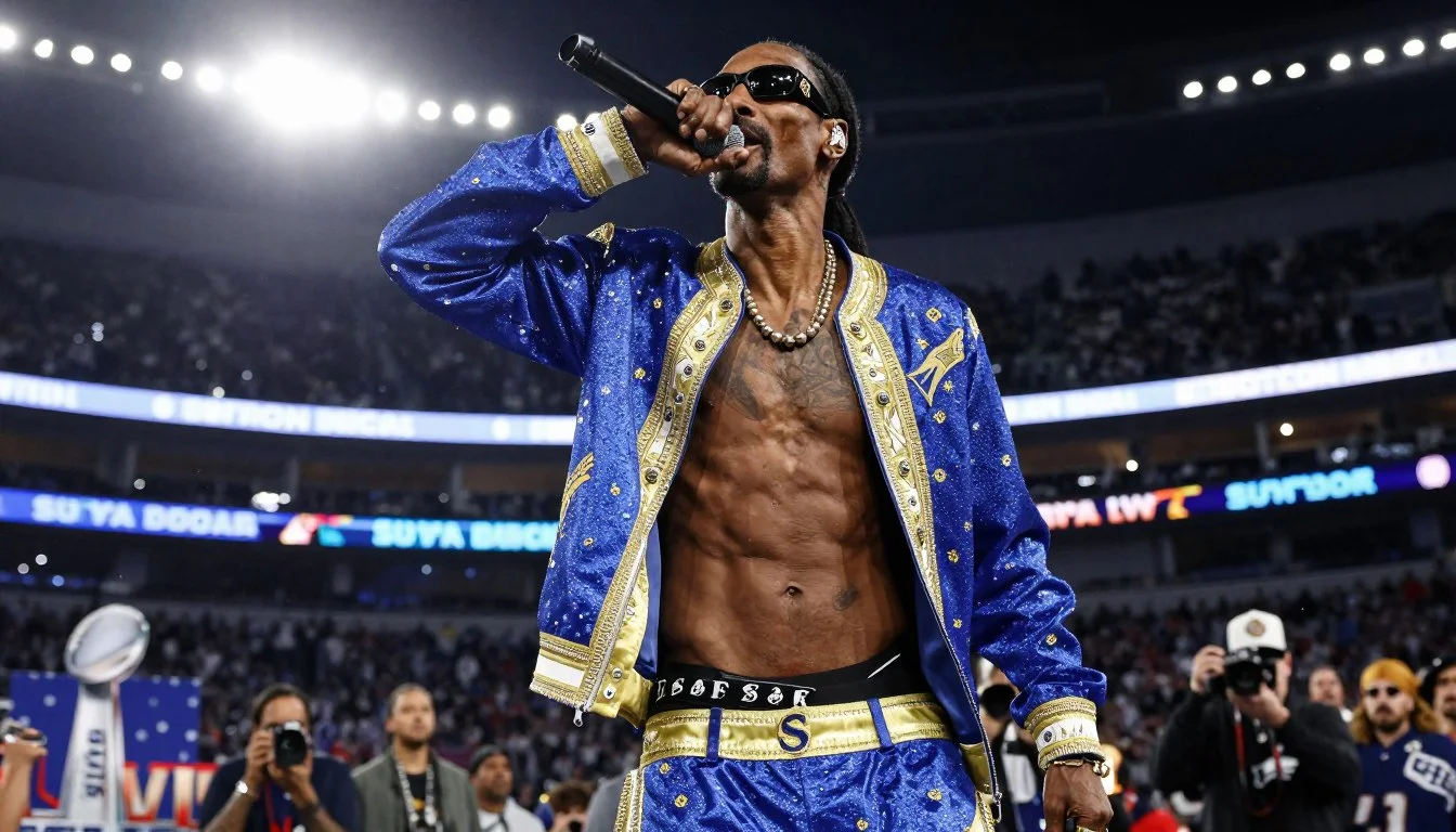 Snoop Dogg performing during the Super Bowl LVI halftime show in his iconic blue and gold outfit