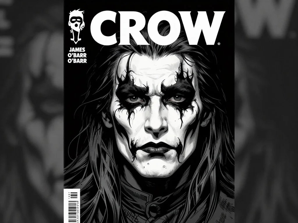 The original Crow comic book cover by James O'Barr showing the iconic black and white face paint design
